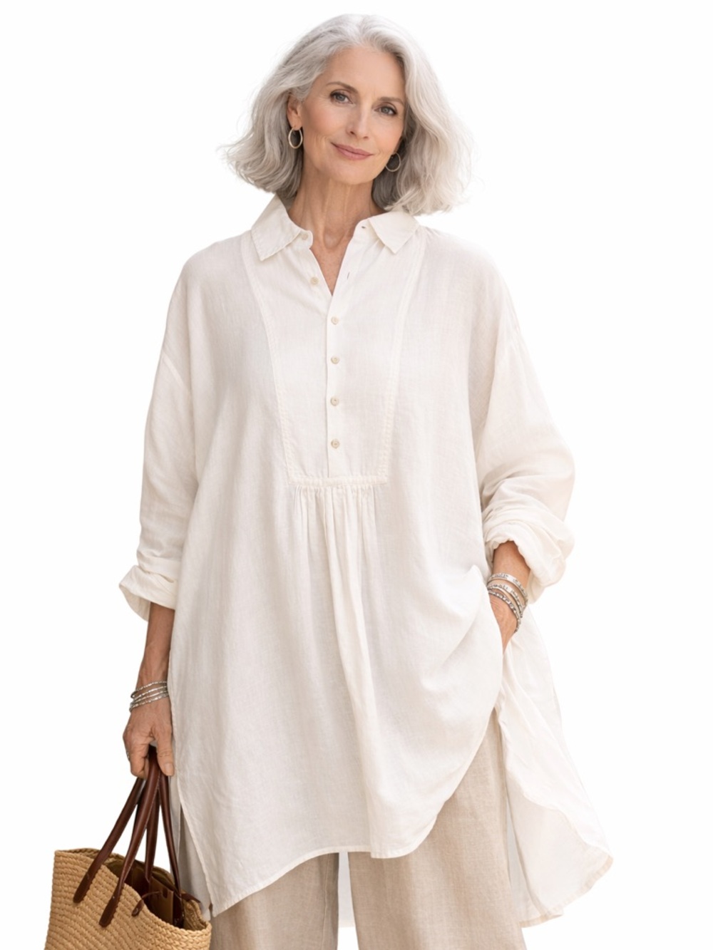 Eskandar white linen oversized popover tunic size 1 XL collar coastal lagenlook